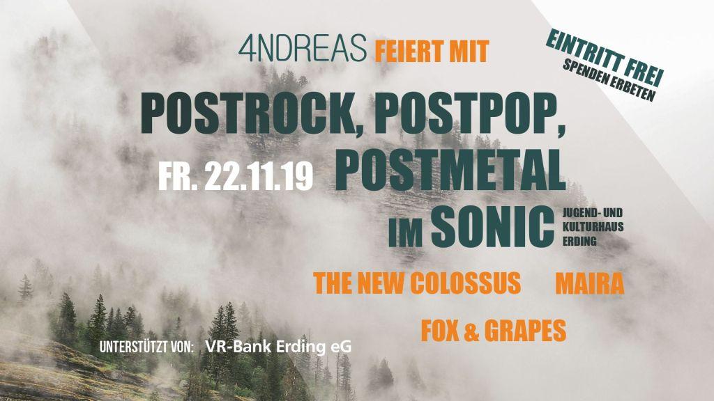 Veranstaltungsbild zum Konzert „4NDREAS feiert mit The New Colossus + Fox & Grapes + Maira“